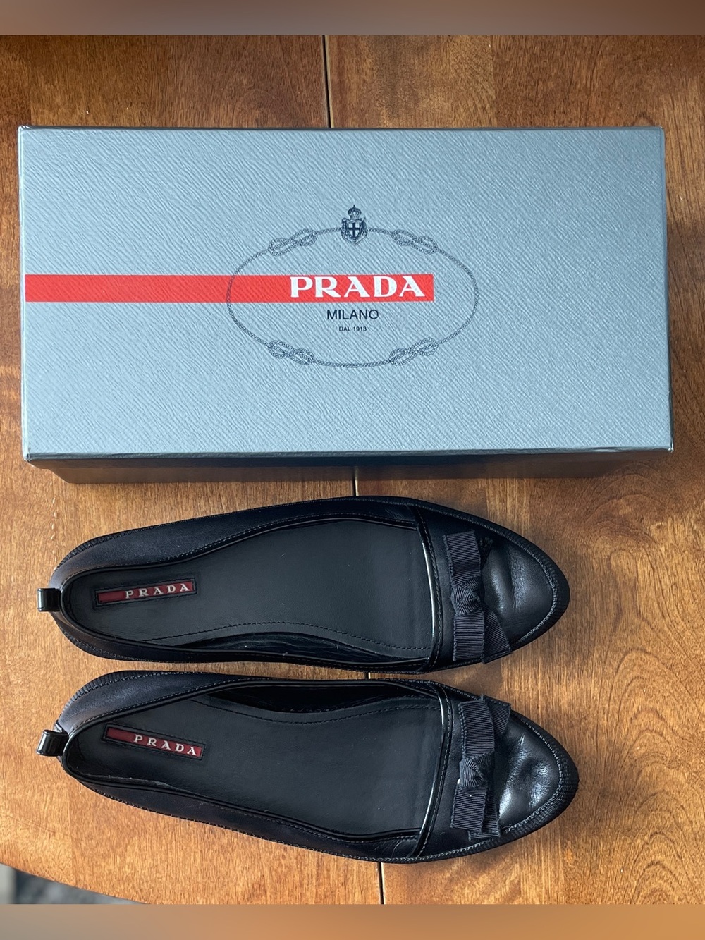 Prada Nappa + Vernice Black Bow Ballet Flats 41 w/ Box + Tag